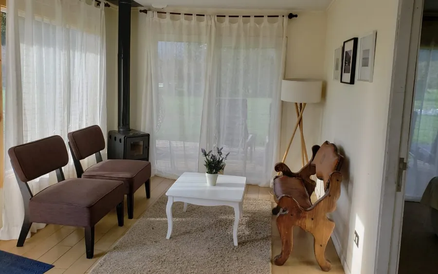 Living de cabaña con chimenea y sillones de madera
